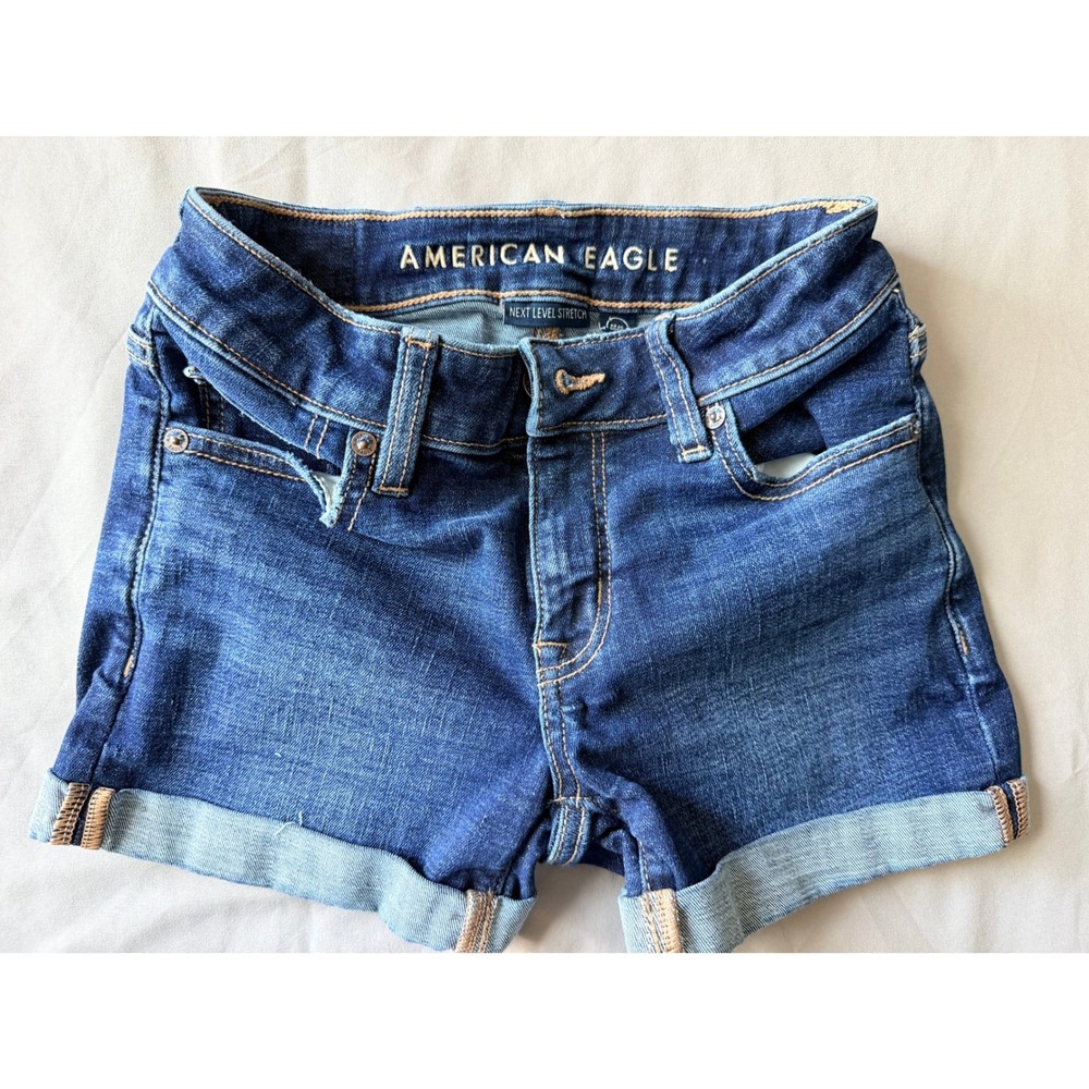 American Eagle Next Level Stretch Denim Midi Shorts Dark Wash Cuffed Size 000